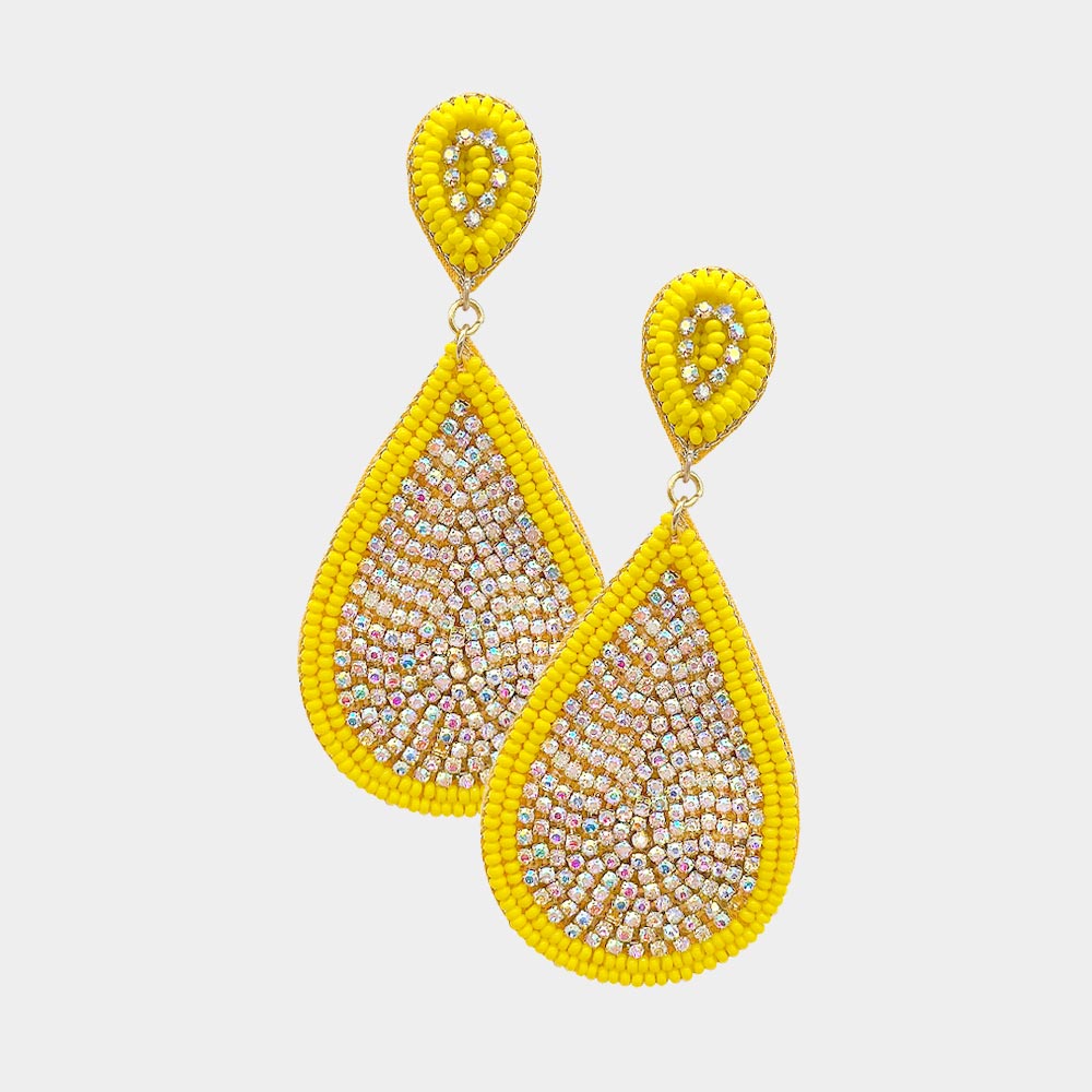 Yellow Felt Back Seed Bead Trimmed Rhinestone Teardrop Dangle Earrings