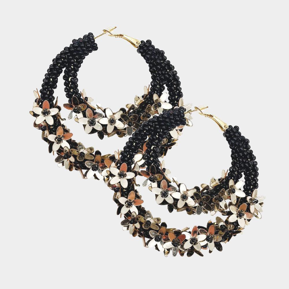 Black Flower Cluster Accented Seed Beaded Hoop Earrings - Jewelry Store by Erik Rayo