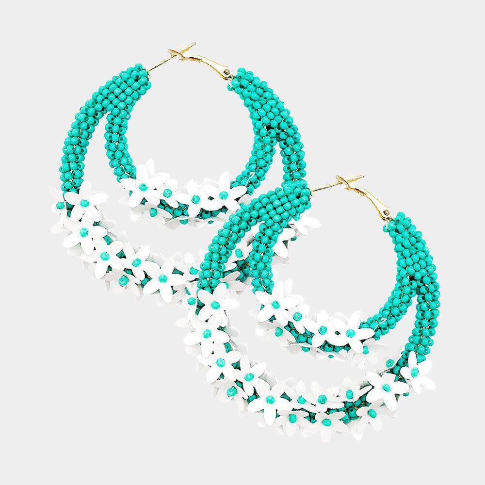 Turquoise Flower Cluster Accented Seed Beaded Hoop Earrings - Jewelry Store by Erik Rayo
