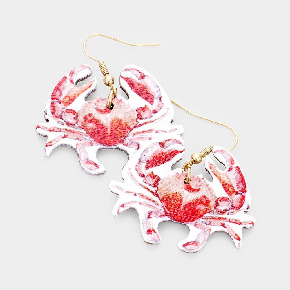 Red Watercolor Crab Print Wood Dangle Earrings - Jewelry Store by Erik Rayo