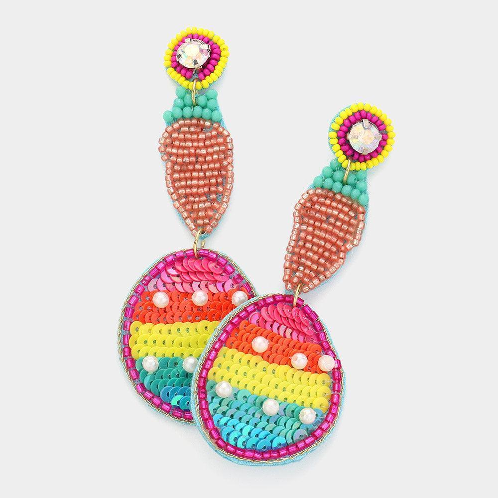 Felt Back Seed Beaded Carrot Sequin Easter Egg Link Dangle Earrings - Jewelry Store by Erik Rayo