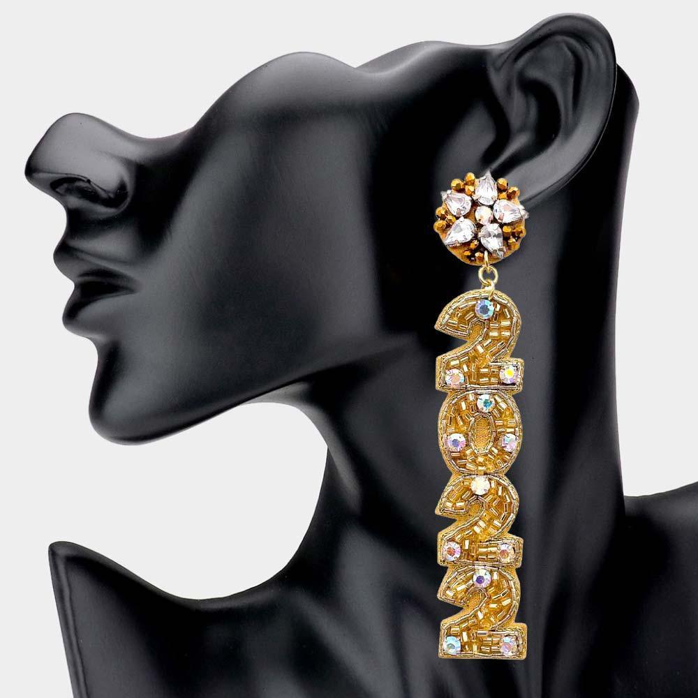 Gold 2022 Felt Back Stone Beaded Link Dangle Earrings - Jewelry Store by Erik Rayo