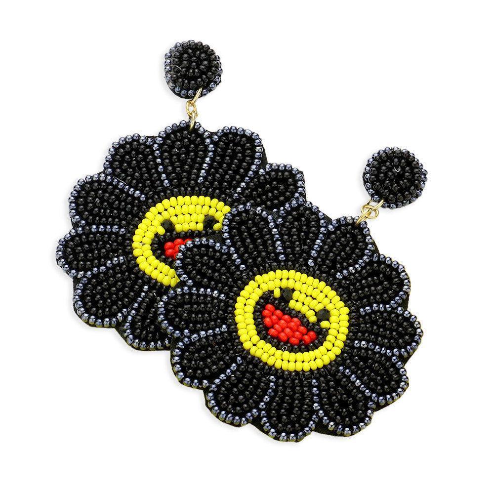 Black Felt Back Seed Beaded Smile Flower Dangle Earrings - Jewelry Store by Erik Rayo