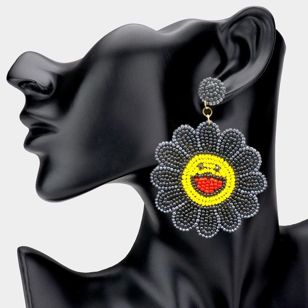 Black Felt Back Seed Beaded Smile Flower Dangle Earrings - Jewelry Store by Erik Rayo