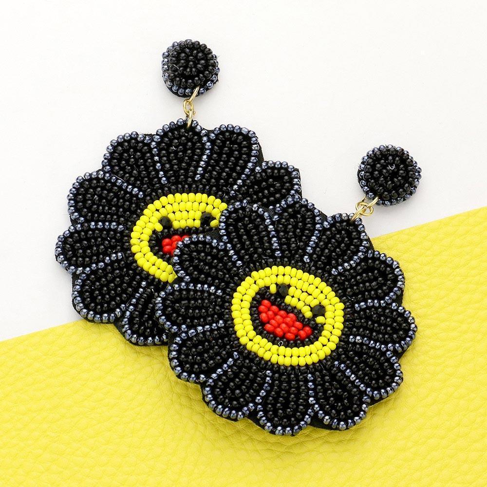 Black Felt Back Seed Beaded Smile Flower Dangle Earrings - Jewelry Store by Erik Rayo