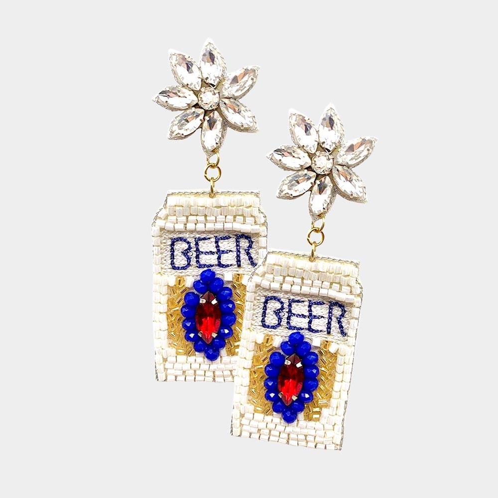 White Felt Back Beaded Beer Dangle Earrings