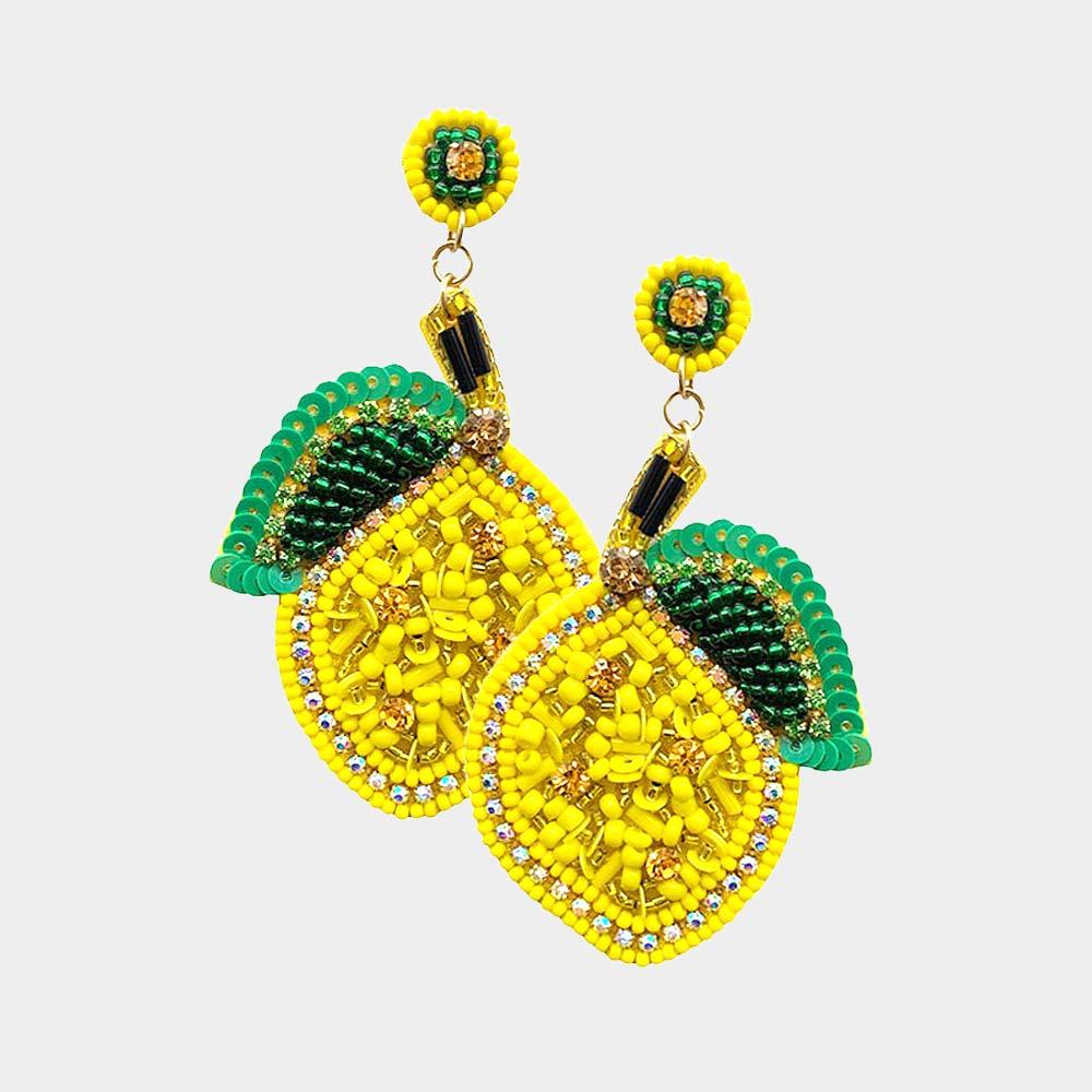 Yellow Felt Back Sequin Rhinestone Seed Beaded Lemon Dangle Earrings