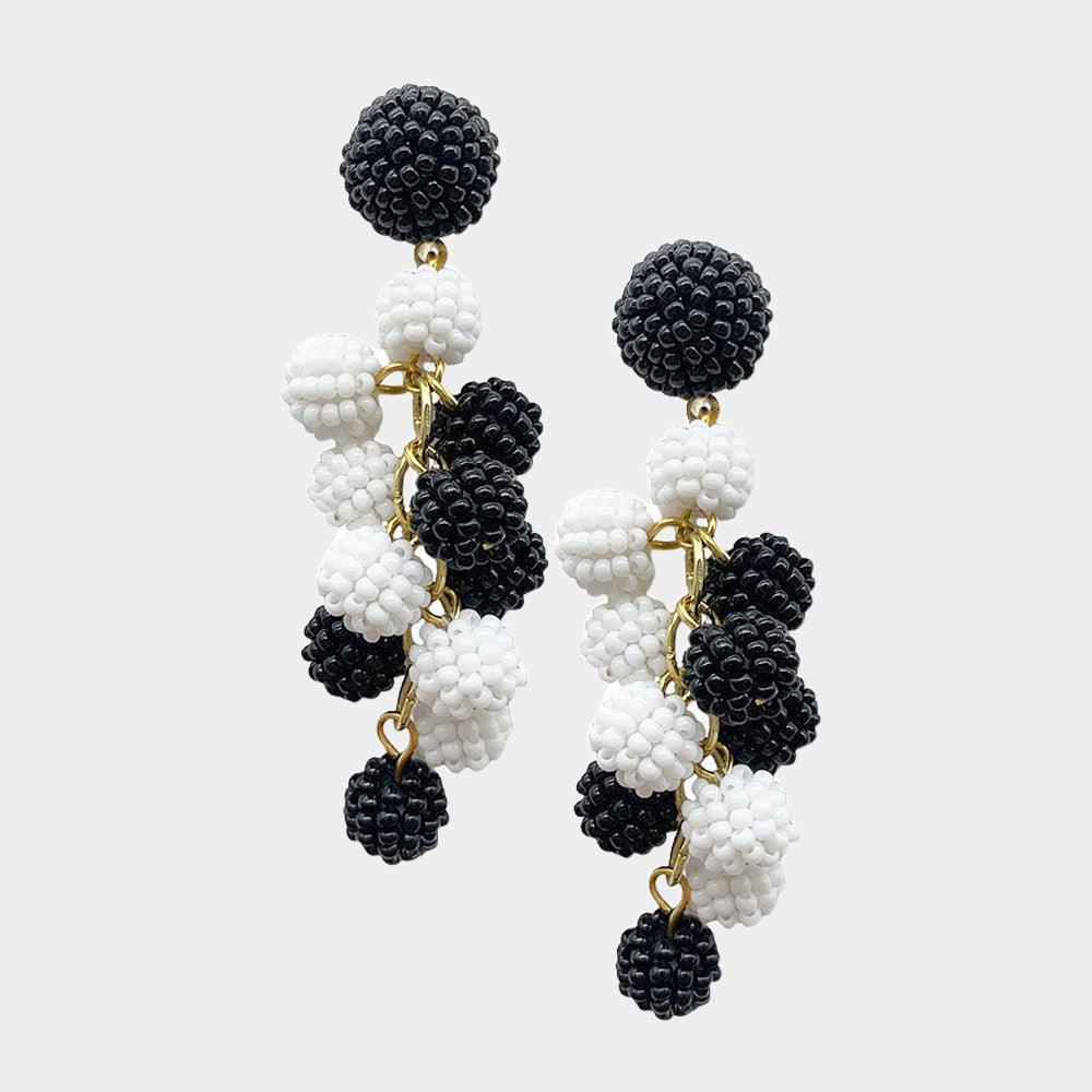 White Seed Beaded Ball Cluster Vine Dangle Earrings - Jewelry Store by Erik Rayo