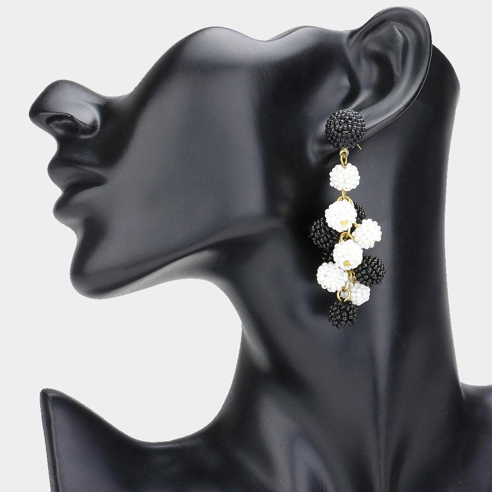 White Seed Beaded Ball Cluster Vine Dangle Earrings - Jewelry Store by Erik Rayo