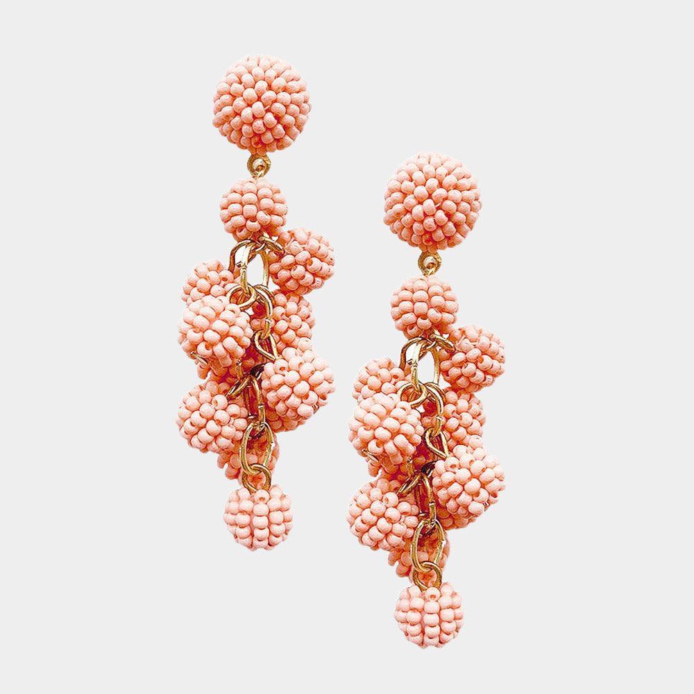 Pink Seed Beaded Ball Cluster Vine Dangle Earrings - Jewelry Store by Erik Rayo