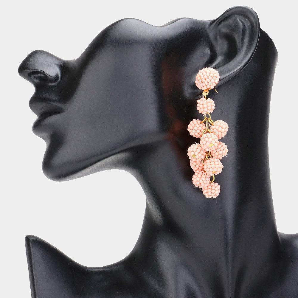 Pink Seed Beaded Ball Cluster Vine Dangle Earrings - Jewelry Store by Erik Rayo