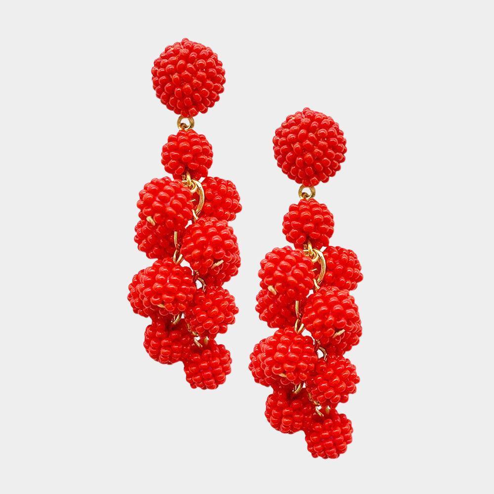 Red Seed Beaded Ball Cluster Vine Dangle Earrings - Jewelry Store by Erik Rayo