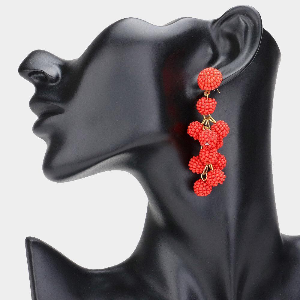Red Seed Beaded Ball Cluster Vine Dangle Earrings - Jewelry Store by Erik Rayo