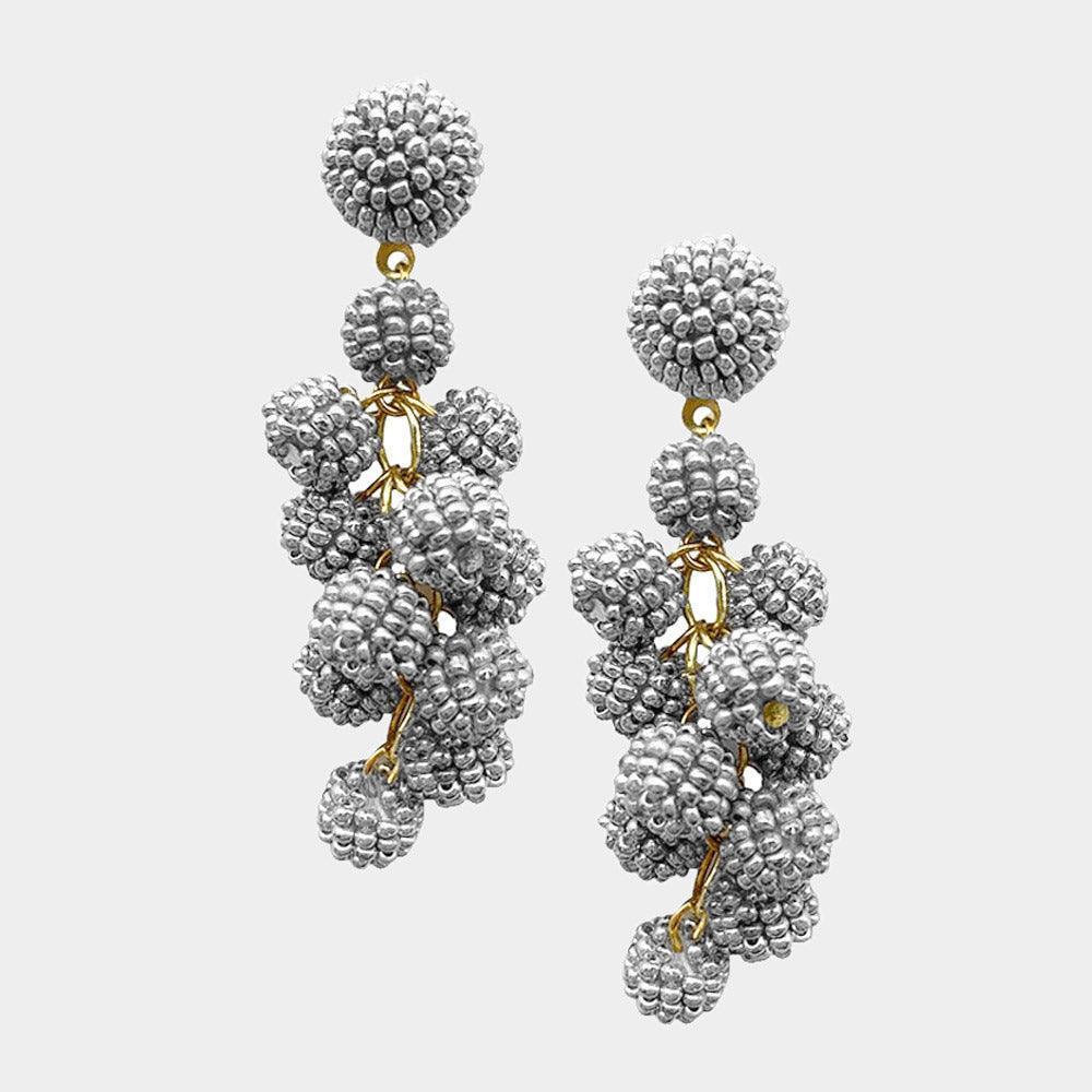 Silver Seed Beaded Ball Cluster Vine Dangle Earrings - Jewelry Store by Erik Rayo