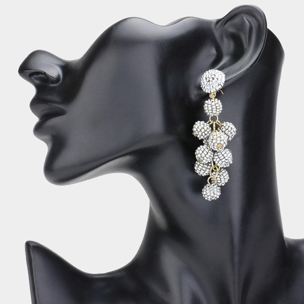 Silver Seed Beaded Ball Cluster Vine Dangle Earrings - Jewelry Store by Erik Rayo