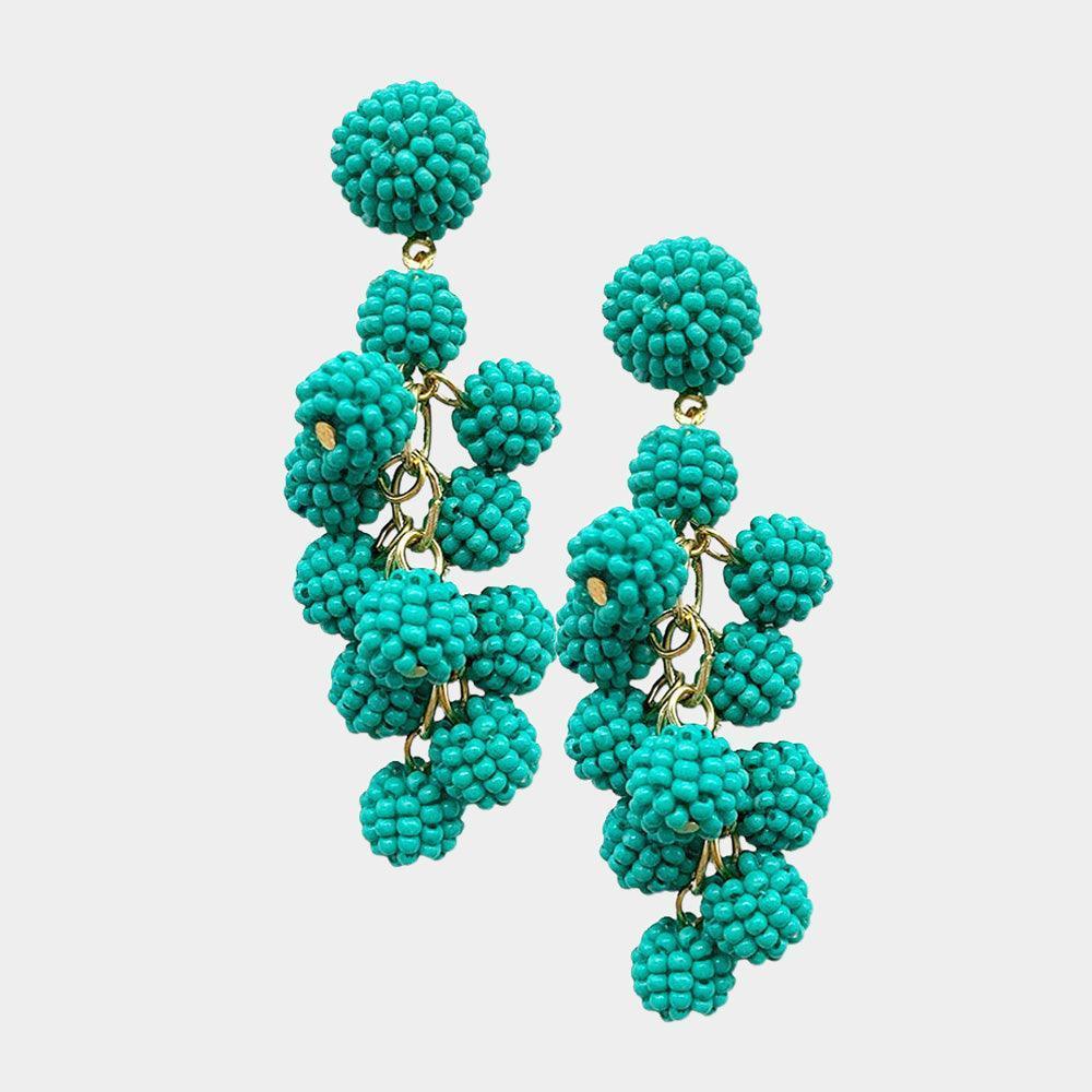 Turquoise Seed Beaded Ball Cluster Vine Dangle Earrings - Jewelry Store by Erik Rayo