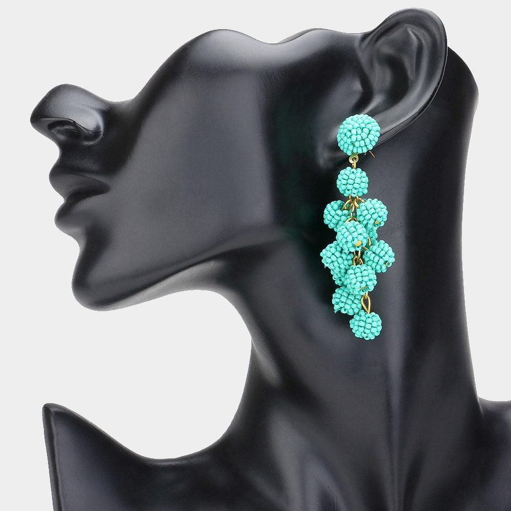 Turquoise Seed Beaded Ball Cluster Vine Dangle Earrings