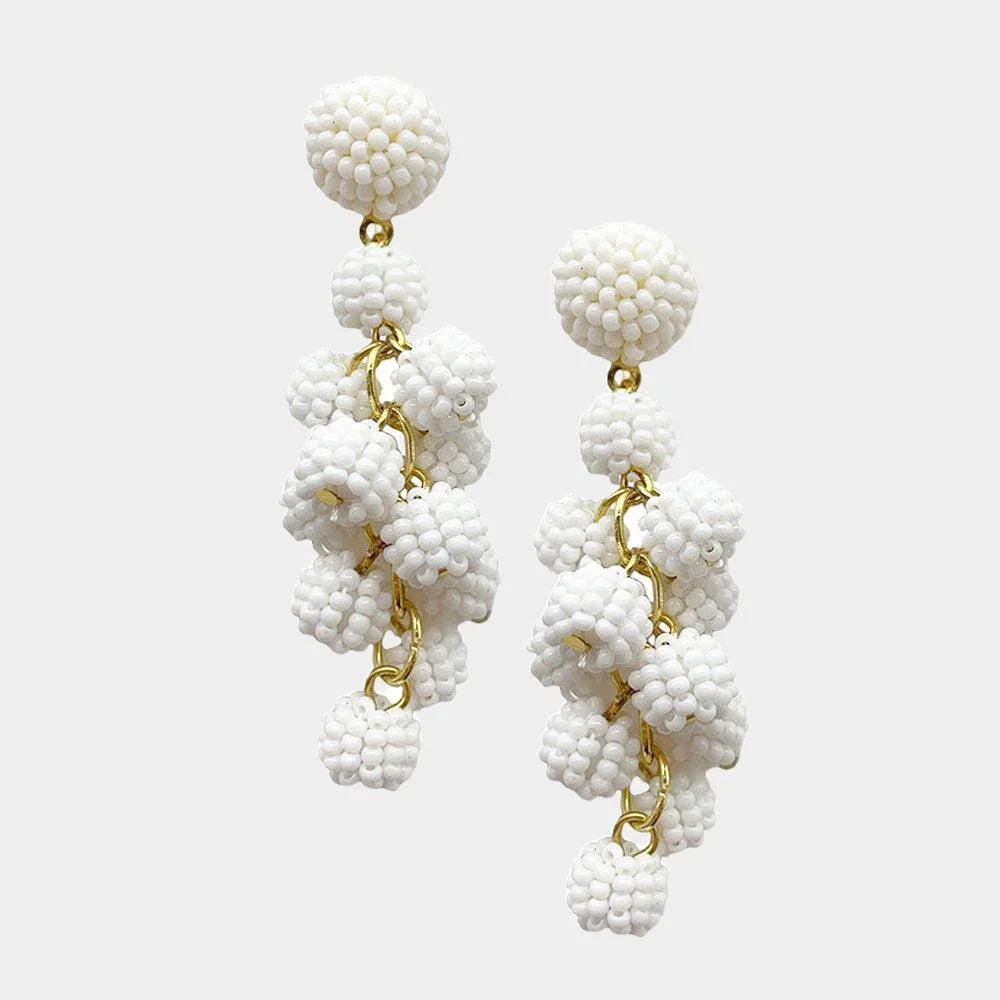 White Seed Beaded Ball Cluster Vine Dangle Earrings - Jewelry Store by Erik Rayo