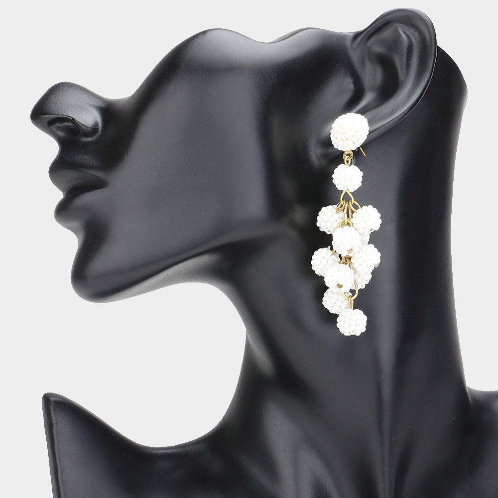 White Seed Beaded Ball Cluster Vine Dangle Earrings - Jewelry Store by Erik Rayo