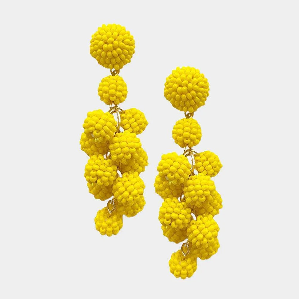 Yellow Seed Beaded Ball Cluster Vine Dangle Earrings - Jewelry Store by Erik Rayo