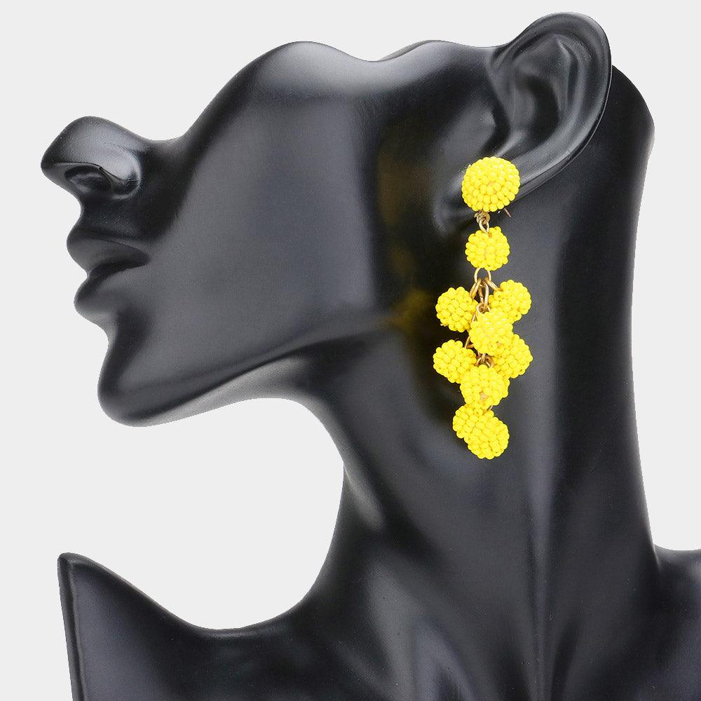 Yellow Seed Beaded Ball Cluster Vine Dangle Earrings