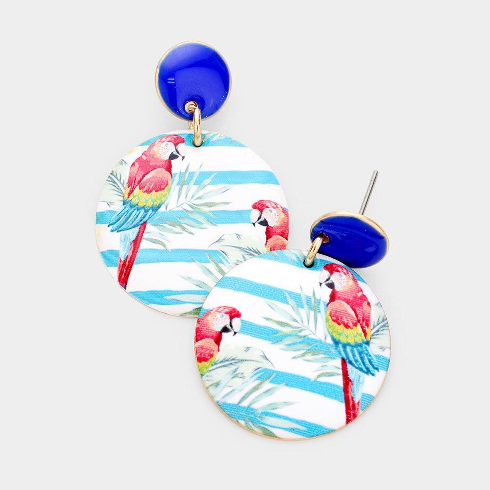 Gold Tropical Parrot Print Double Circle Dangle Earrings - Jewelry Store by Erik Rayo