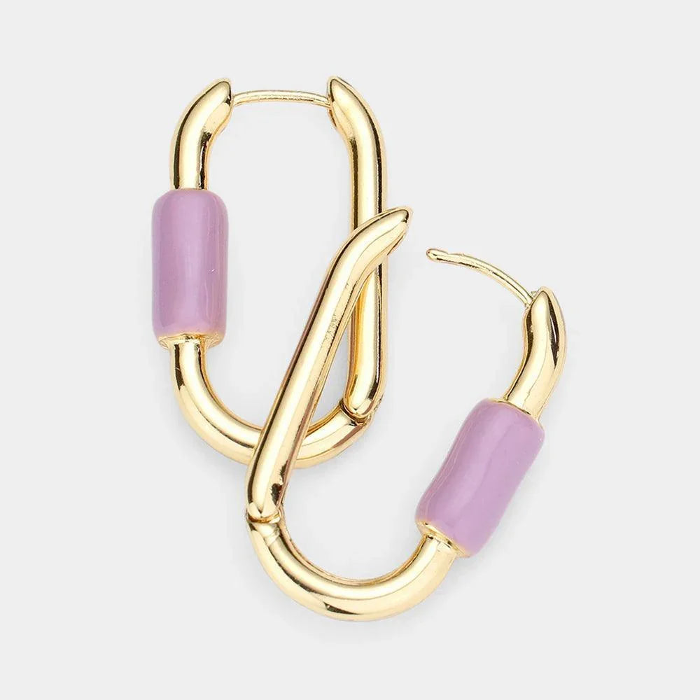 Lavender Enamel Detailed Metal Oval Huggie Earrings - Jewelry Store by Erik Rayo