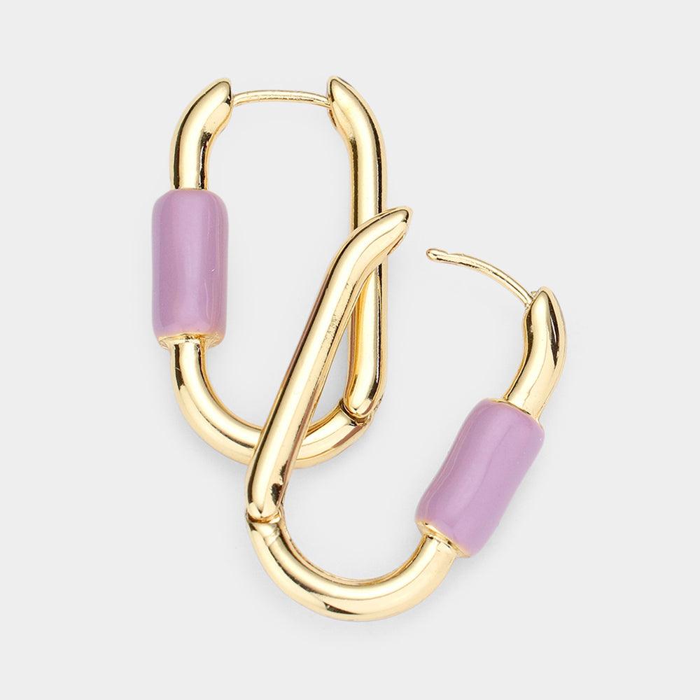 Lavender Enamel Detailed Metal Oval Huggie Earrings