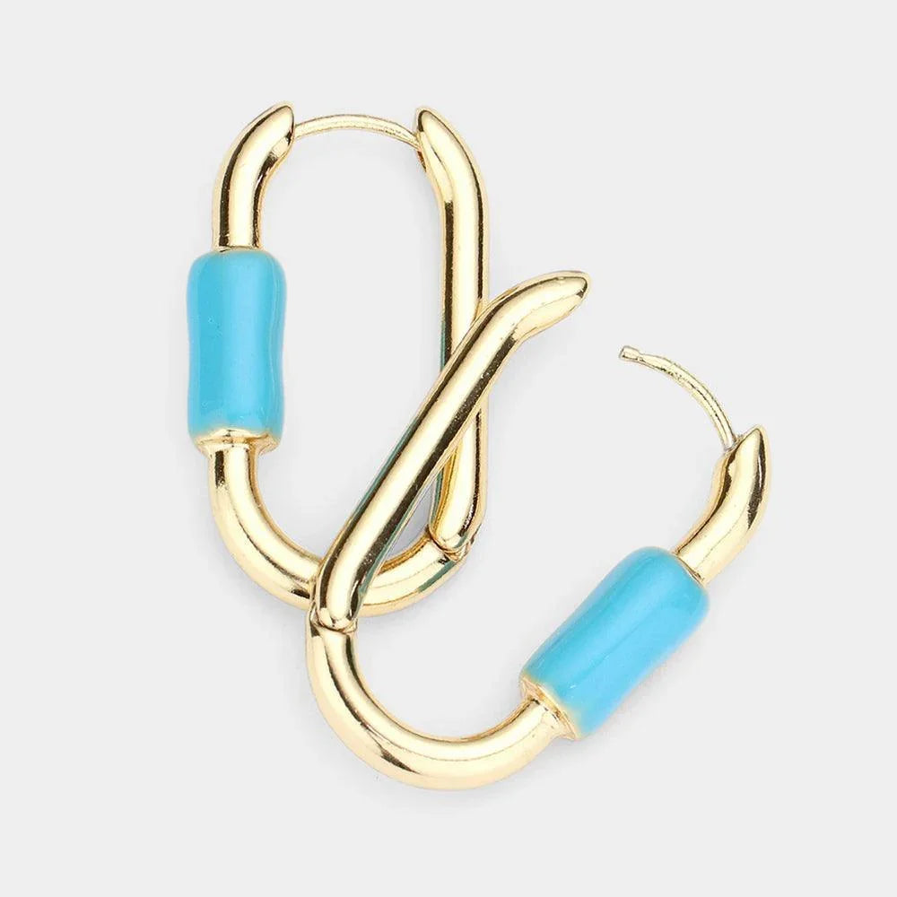 Turquoise Enamel Detailed Metal Oval Huggie Earrings - Jewelry Store by Erik Rayo