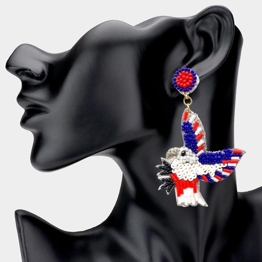 Felt Back Sequin Beaded Eagle Link Dangle Earrings - Jewelry Store by Erik Rayo