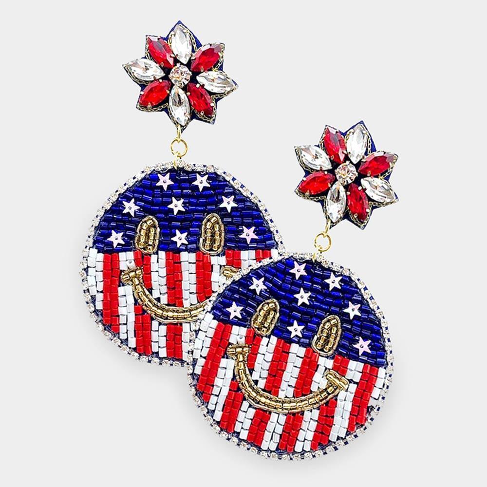 Felt Back American USA Flag Smile Dangle Earrings - Jewelry Store by Erik Rayo