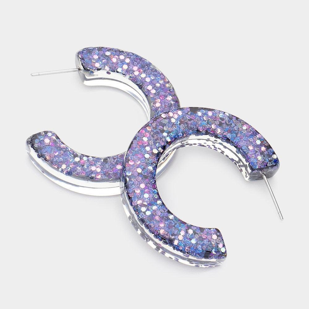 Glitter Clear Lucite Half Hoop Earrings - Jewelry Store by Erik Rayo
