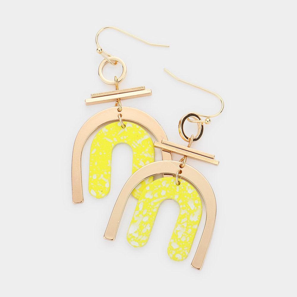 Yellow Geometric Brass Metal Paint Splash Arch Link Dangle Earrings