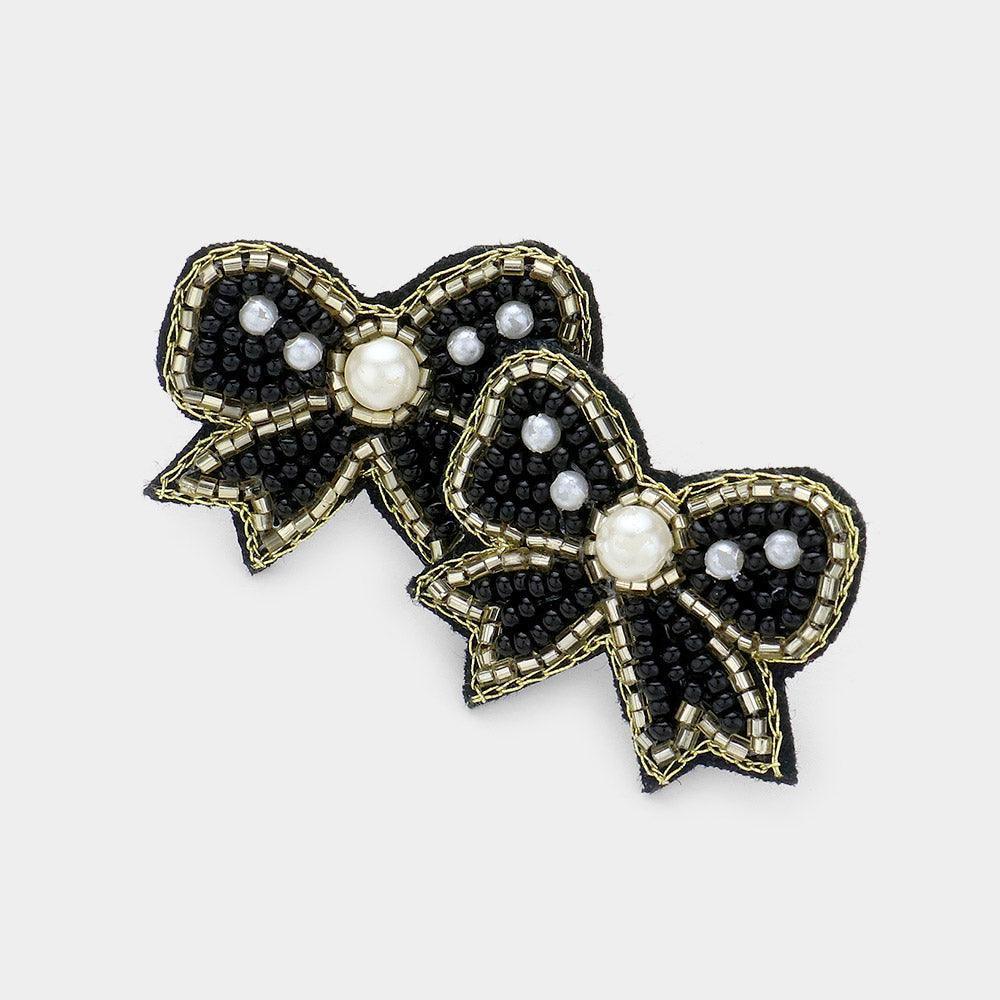 Black Felt Back Pearl Seed Beaded Bow Earrings - Jewelry Store by Erik Rayo
