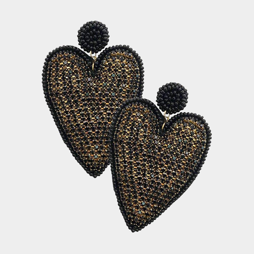 Black Felt Back Rhinestone Seed Beaded Heart Dangle Earrings - Jewelry Store by Erik Rayo