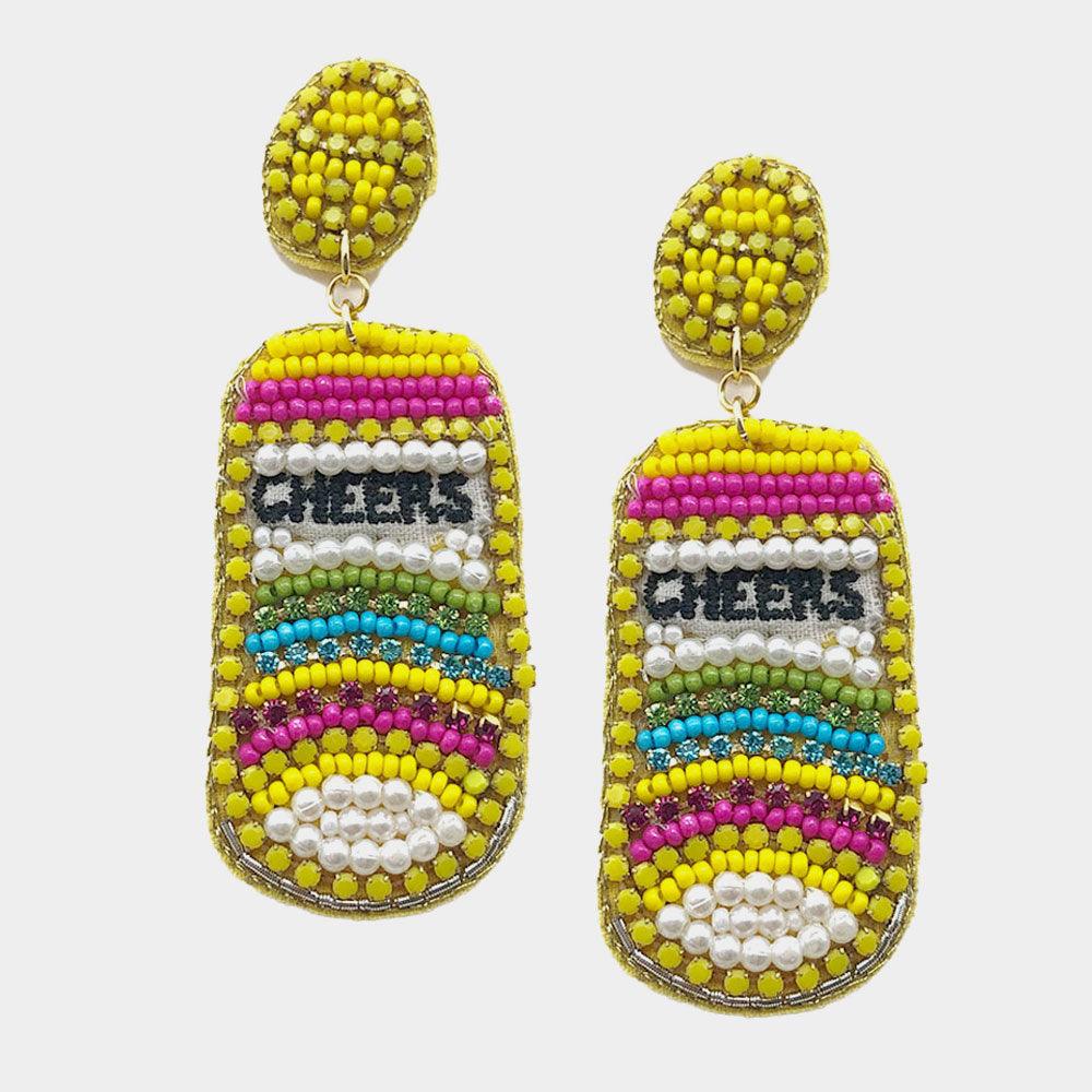 Yellow CHEERS Message Felt Back Pearl Stone Seed Beaded Beer Dangle Earrings