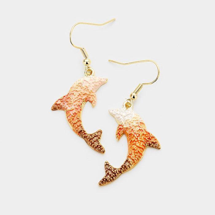Gold Dolphin Colored Metal Dangle Earrings