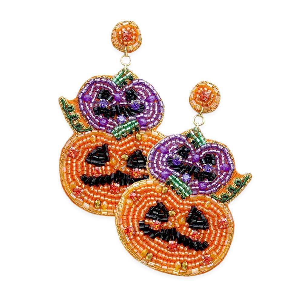 Felt Back Halloween Pumpkin Beaded Dangle Earrings - Jewelry Store by Erik Rayo