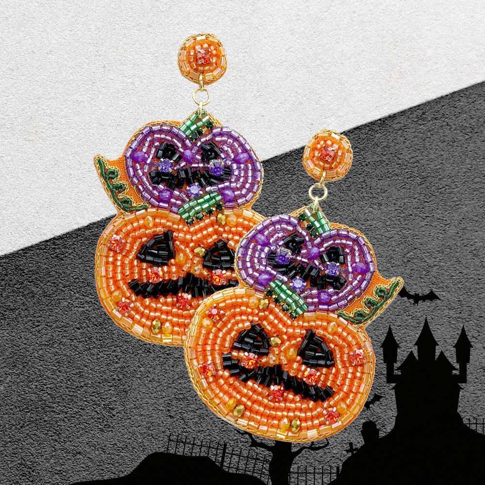 Felt Back Halloween Pumpkin Beaded Dangle Earrings - Jewelry Store by Erik Rayo