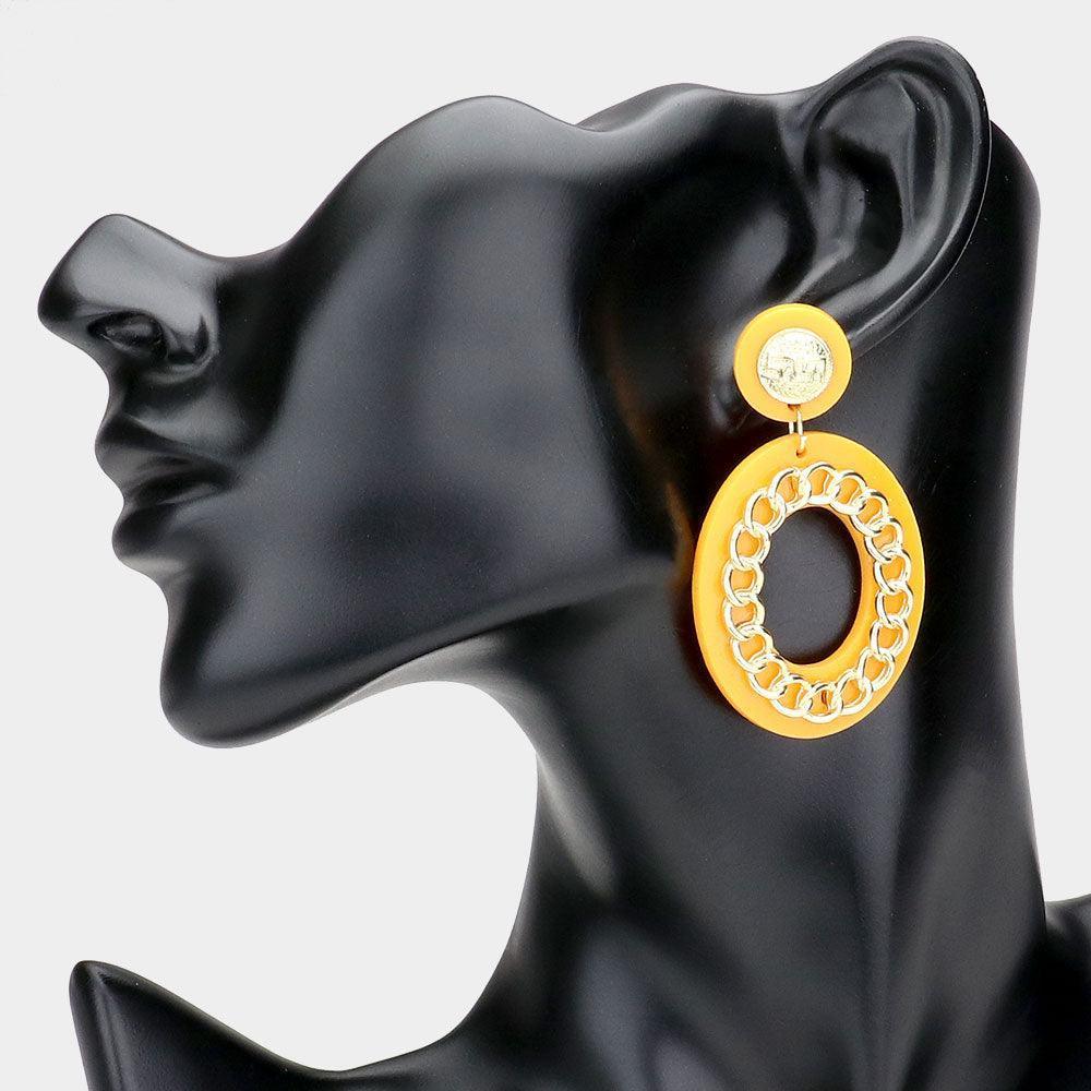 Orange Metal Chain Accented Open Oval Dangle Earrings - Jewelry Store by Erik Rayo