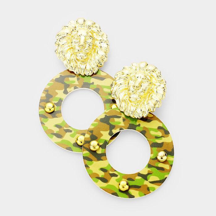 Green Metal Lion Accented Camouflage Hoop Dangle Earrings - Jewelry Store by Erik Rayo