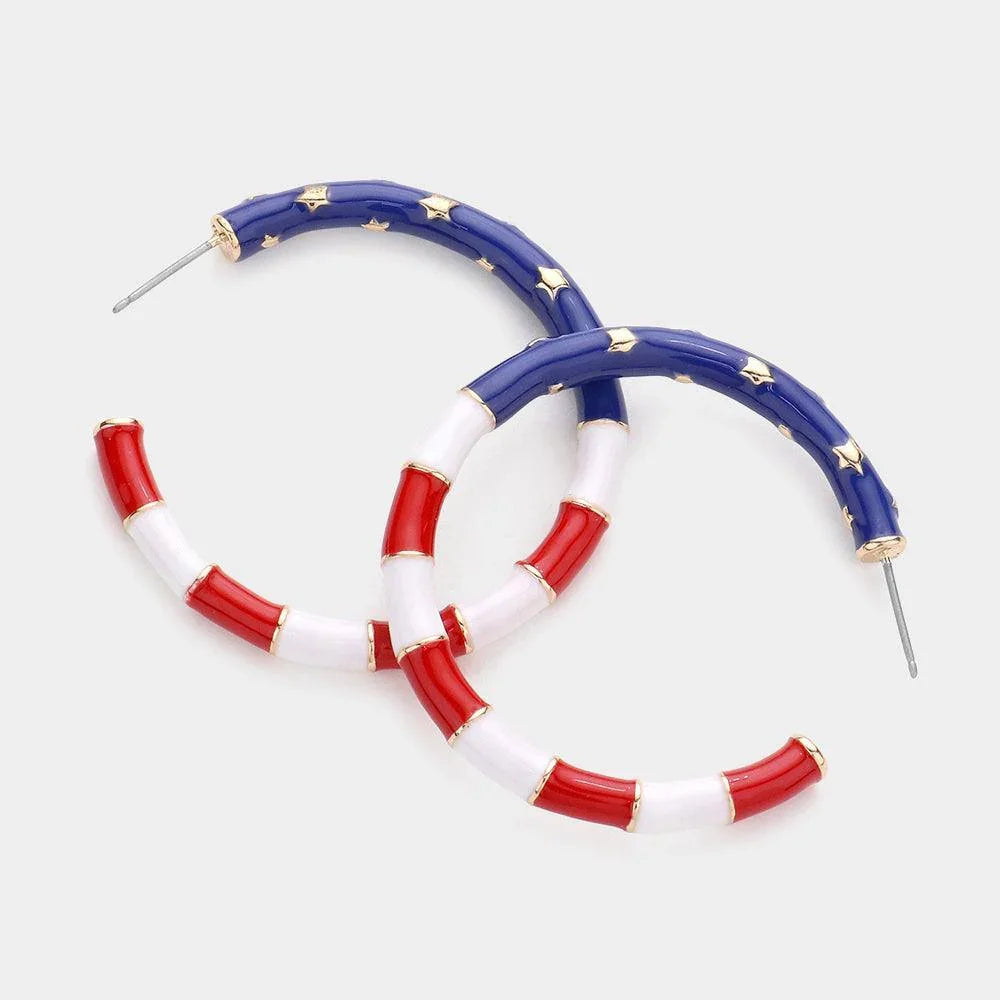 American USA Flag Enamel Hoop Earrings - Jewelry Store by Erik Rayo