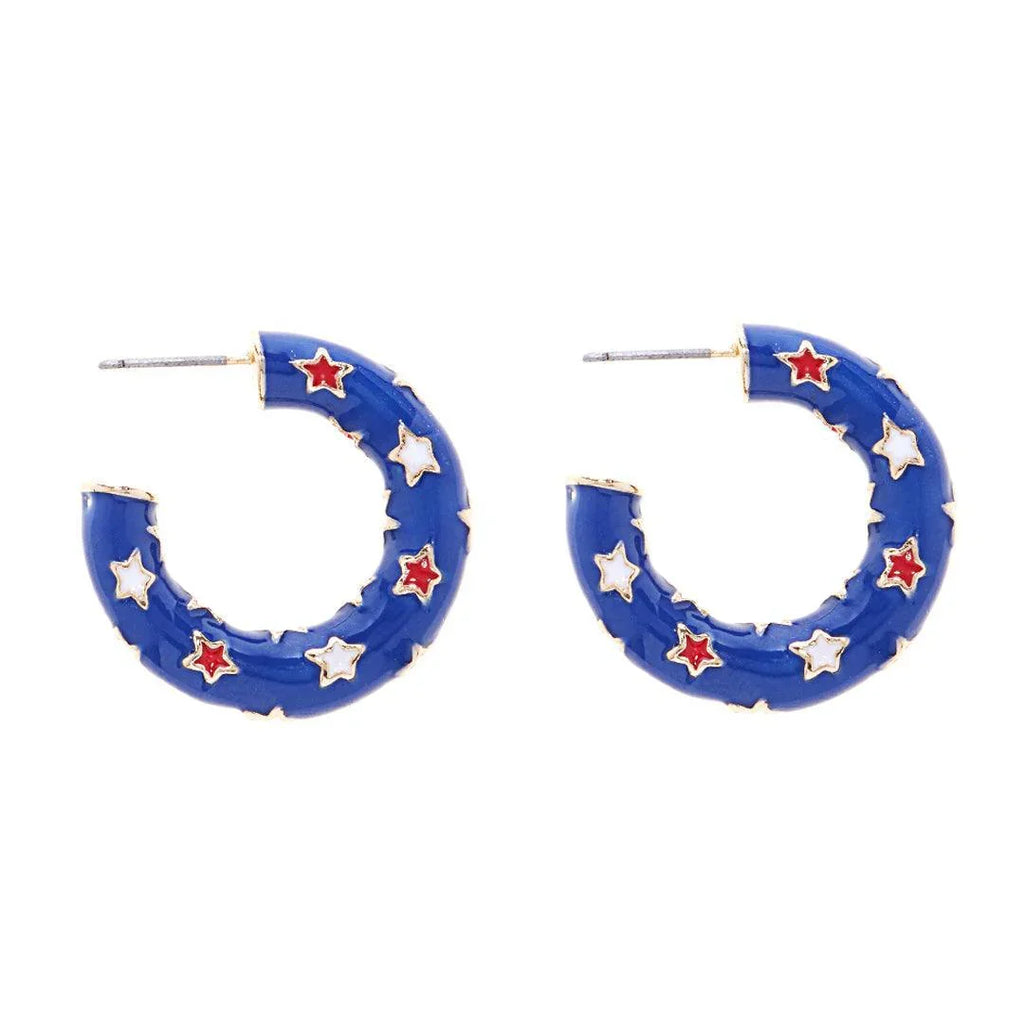Blue Enamel American USA Flag Pattern Hoop Earrings - Jewelry Store by Erik Rayo