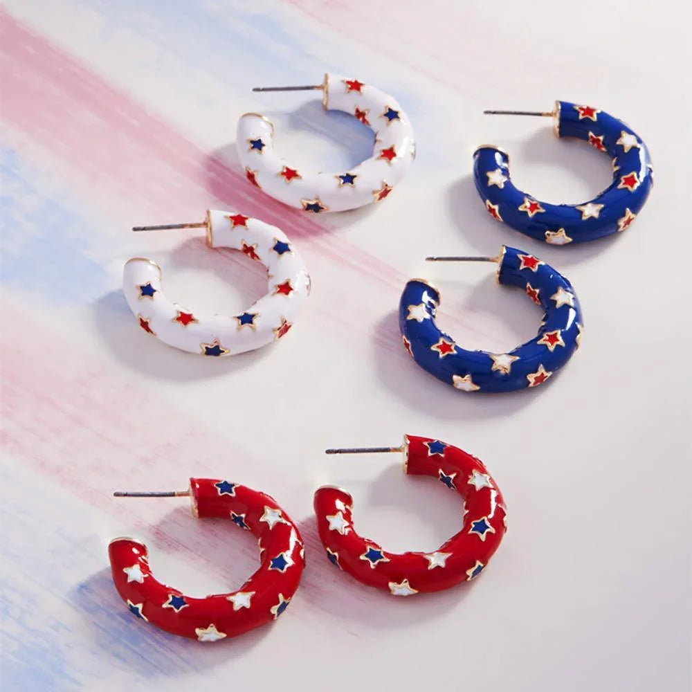 Blue Enamel American USA Flag Pattern Hoop Earrings - Jewelry Store by Erik Rayo