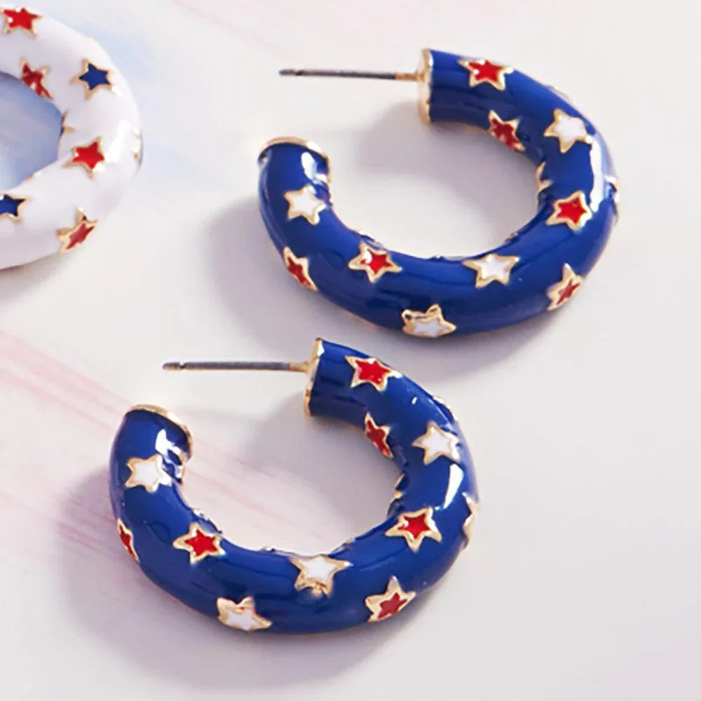 Blue Enamel American USA Flag Pattern Hoop Earrings - Jewelry Store by Erik Rayo