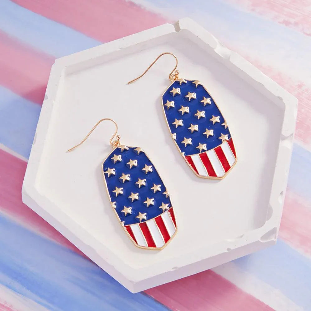 American USA Flag Enamel Metal Hexagon Dangle Earrings - Jewelry Store by Erik Rayo