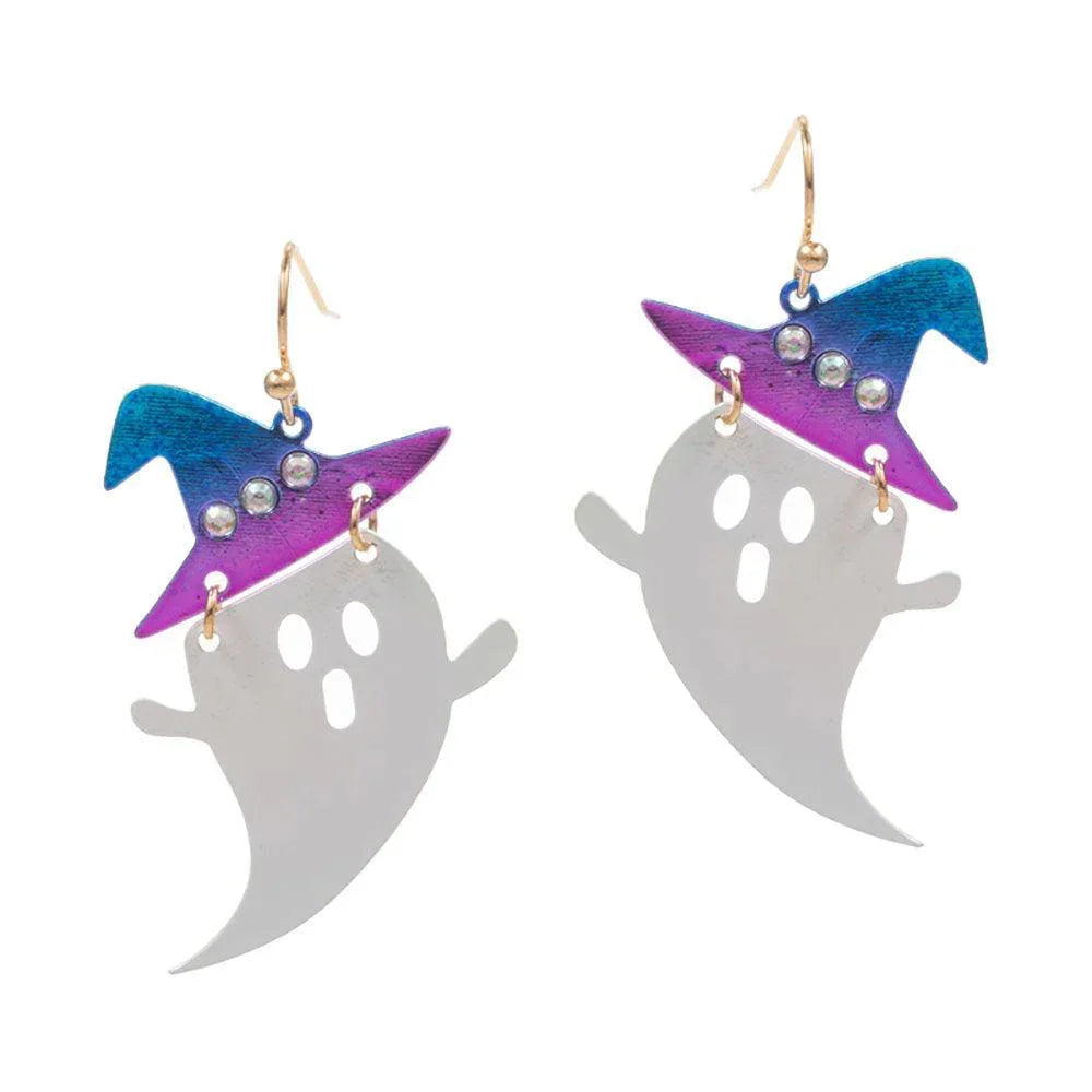 Colorful Metal Witch Hat Ghost Link Dangle Earrings - Jewelry Store by Erik Rayo