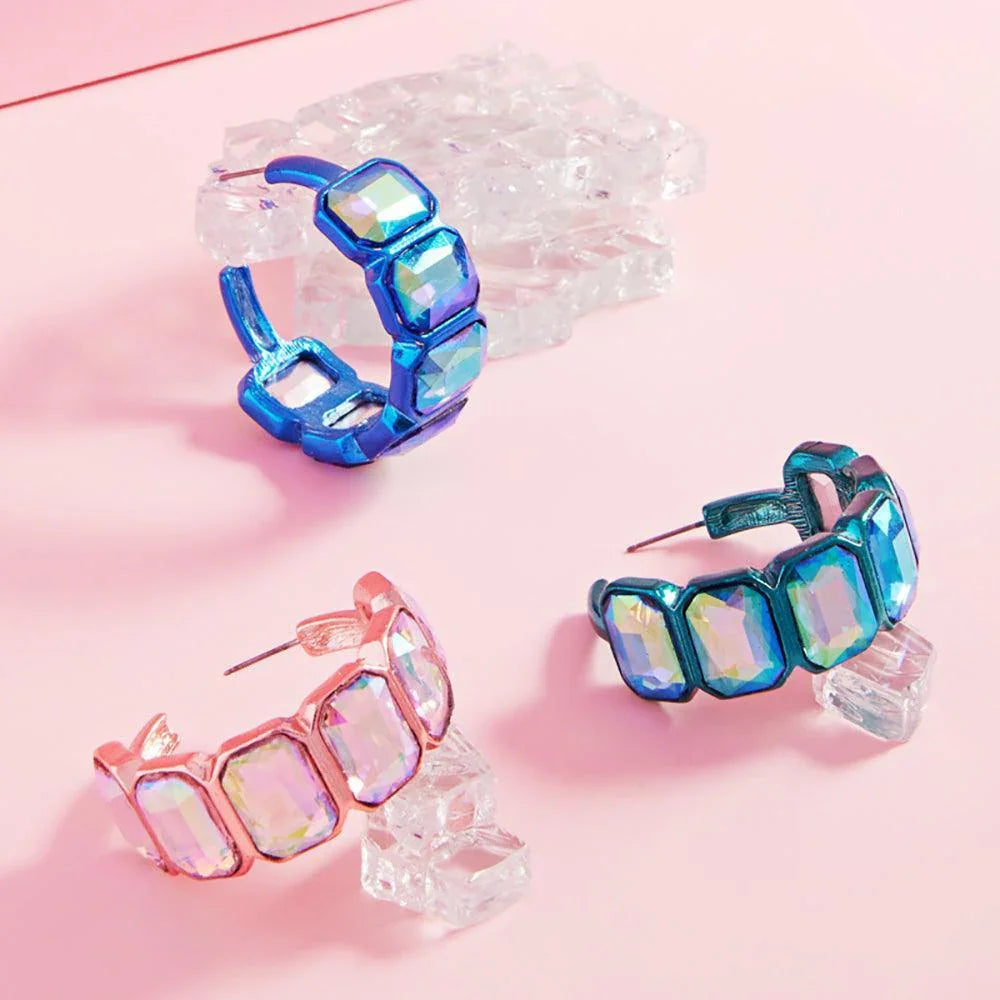 Green Emerald Cut Stone Cluster Hoop Earrings - Jewelry Store by Erik Rayo