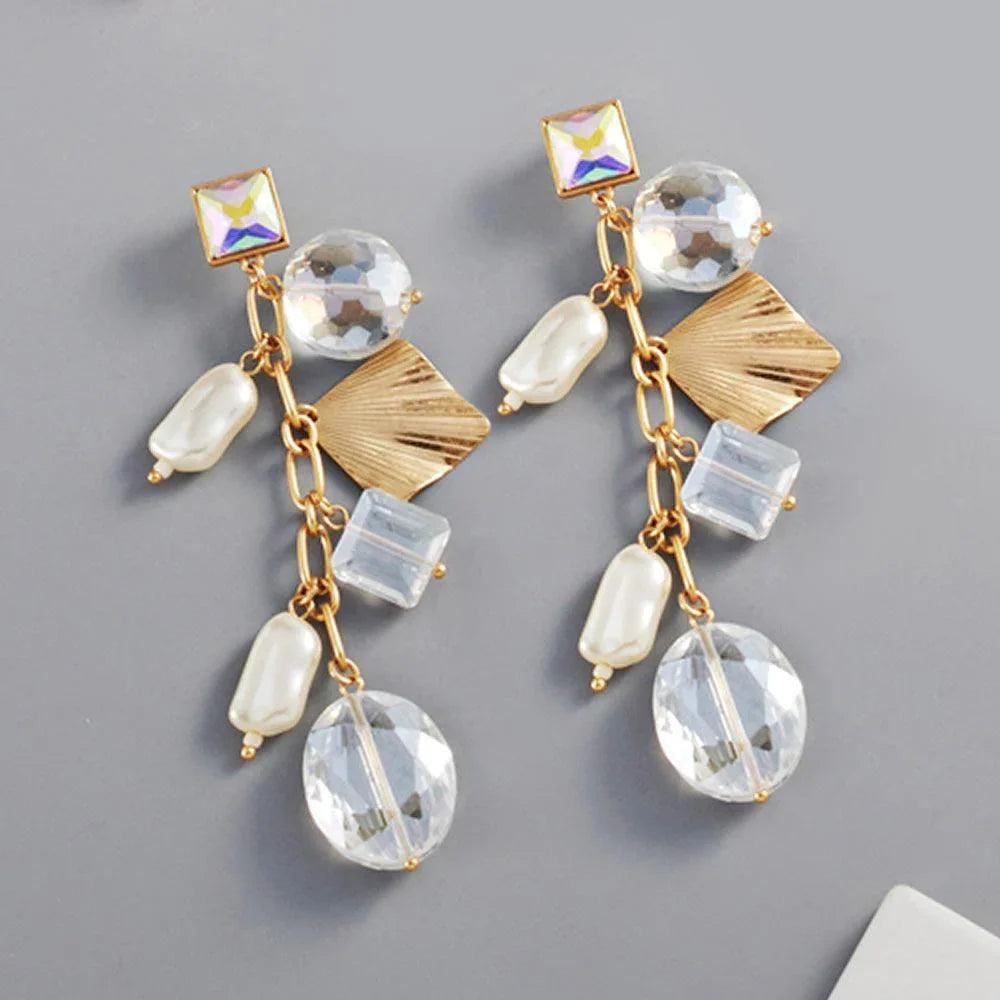 Clear Pearl Geometric Bead Link Dangle Earrings - Jewelry Store by Erik Rayo