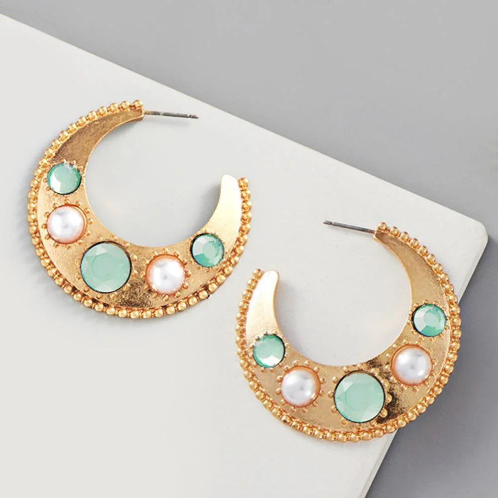 Mint Pearl Bead Embellished Metal Hoop Earrings - Jewelry Store by Erik Rayo